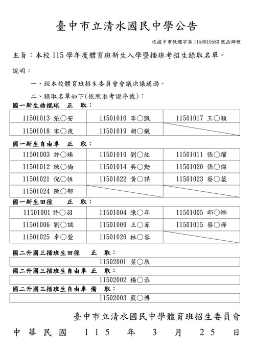 錄取名單公告